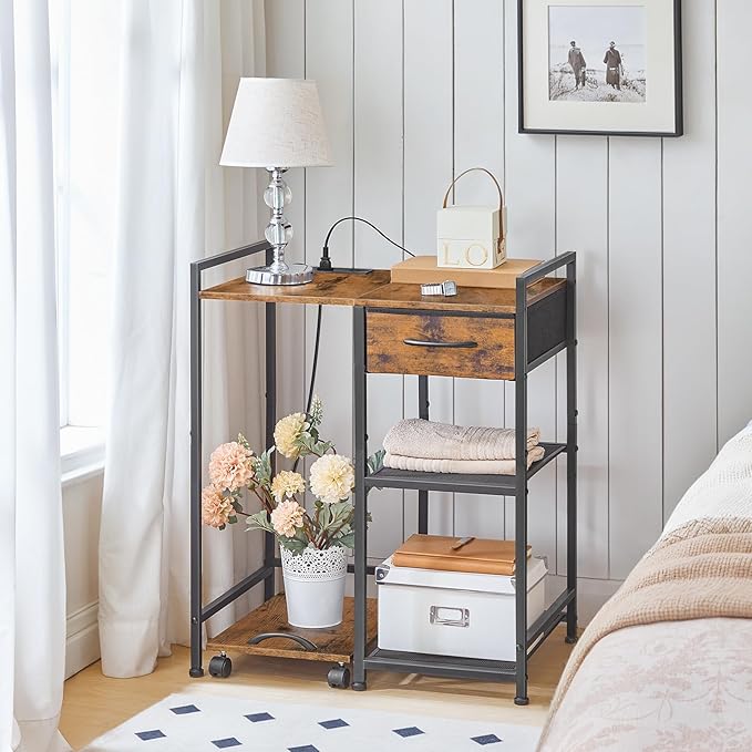 HOOBRO Printer Stand with Charging Station, Printer Shredder Stand with Fabric Drawer, Table for Fax Machine, Printer Storage Office Organizer, for Home Office, Rustic Brown and Black BF72UPS01