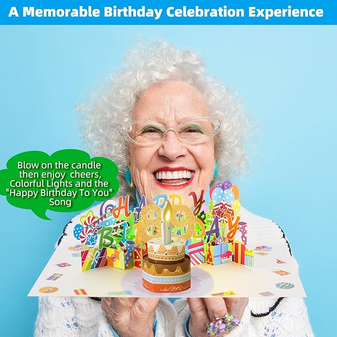 Gumry 89TH Musical Birthday PopUp Card, Blowable Colorful Light Candle 3D Cards with Song, Applause Cheers Sound, Greeting Cards Birthday Gifts Decorations for Women Men Turning 89 Years Old