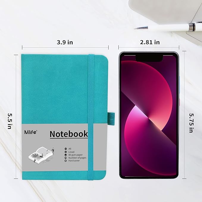 A6 Small Journal Notebook, Lined Pocket Notebook with Pen Holder, Mini Notebook Hardcover, 192 Pages, 3.9 inches * 5.5 inches Jurnal for Women and Man (3Pack Turquoise)
