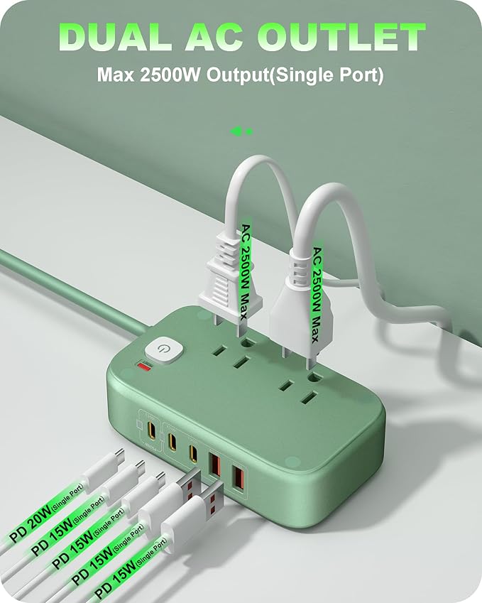 Flat Plug Power Strip, 20W USB C Power Strip with 2500W AC Outlets, 3 USB-C Ports, 2 USB-A Ports, 5FT Flat Extension Cord Outlet Extende Desk Charging Station for Home/Office/Travel Essentials