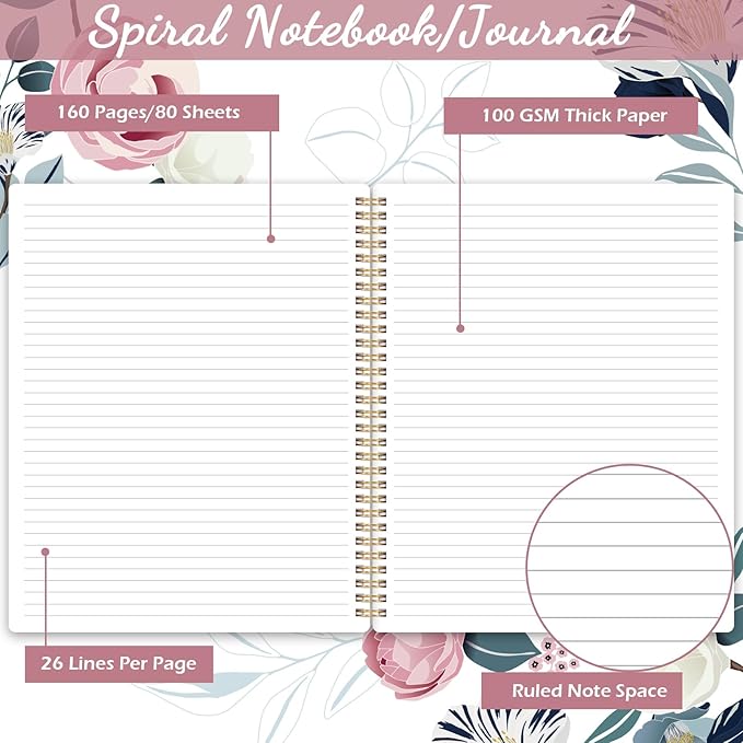 Spiral Notebook - Notebooks Spiral Bound, 8.5" * 11", Journal Notebook with Thick Paper & Back Pocket, 144 Pages, with Twin-Wire Binding, Journals for Women, College Ruled Notebooks - Floral