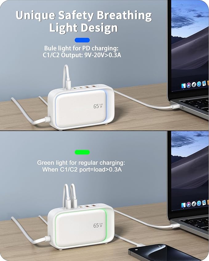 Power Strip with USB Ports, 65W USB C Charger for Laptop 5FT Flat Extension Cord Outlet Extender with 2 AC Outlets, 3 USB C Ports, 2 USB A Ports, Surge Protector Desktop USB Charging Station