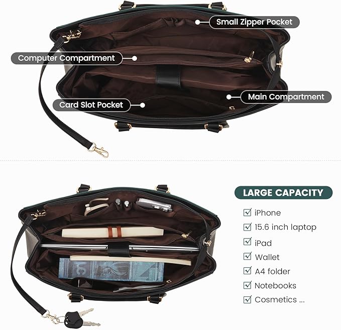 LOVEVOOK Laptop Bag for Women 15.6 Inch Tote Bags Waterproof Leather Briefcase Computer Women Business Office Work Bag,Black/Green