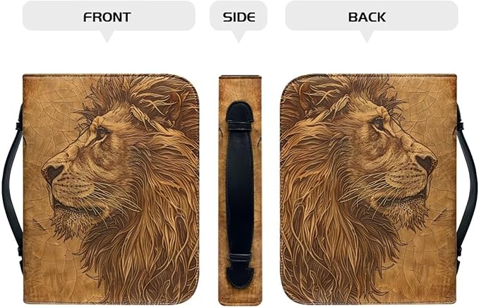 Lotusorchid Lion Print Bible Bag for Men, PU Leather Bible Cover Sturdy Bible Book Carrying Bags Christian Bible Study Accessories for Bible Study, Brown, XL