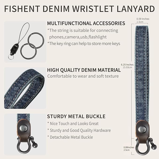 Fishent Denim Wristlet Keychain for Women Men, Cute Key Chain, Wrist Lanyards for Car Keys ID Badge Wallet Card Holder
