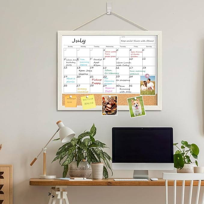 Calendar Whiteboard for Wall, 18x24 Inches Whiteboard Calendar Cork Board Combo, Magnetic White Board Monthly Calendar with Wood Framed, Hanging Dry Erase Board for Kitchen Home Office Planner