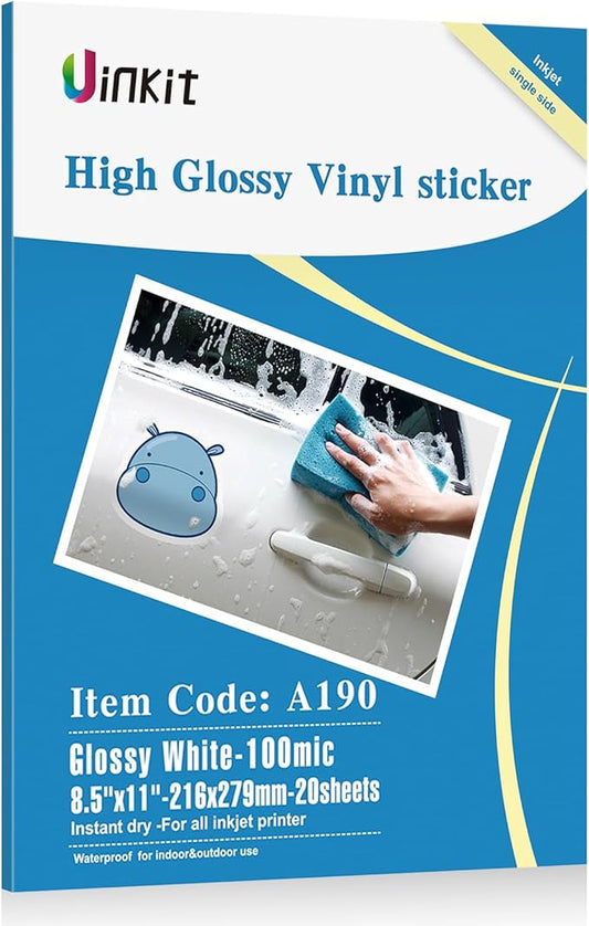 Uinkit Glossy Sticker Paper for Inkjet Printer Printable Vinyl White Cricut Waterproof Permanent Adhesive Waterproof Car Bumper Sticker 8.5x11 inches Letter Size 20 Sheets Label…