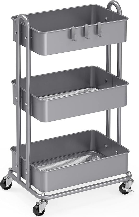 Simple Houseware Heavy Duty 3-Tier Metal Utility Rolling Cart, Silver