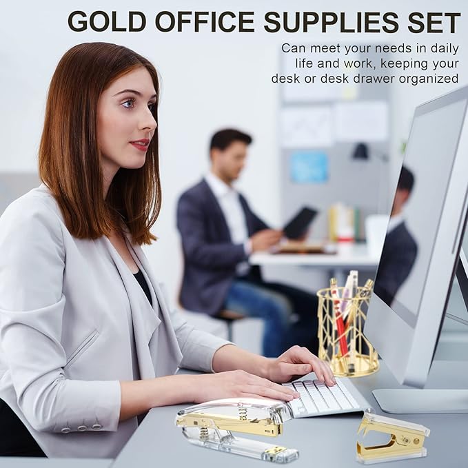 Desk Accessories Office Supplies Set, Christian Charity Donation Supplies Acrylic Stapler Set Staple Remover Tape Dispenser Desk Organizer Pen Holder Binder Paper Clips Ballpoint Scissor(Gold)