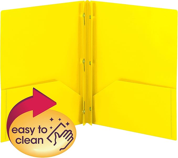 Smead Poly Two-Pocket Folder, Three-Hole Punch Prong Fasteners, Letter Size, Yellow, 3 per Pack (87733) (Pack of 2)