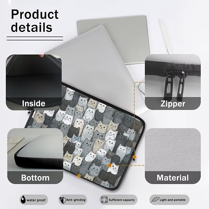 Cartoon Cat Printed Computer Bags for Laptops, Water Resistant 15 Inch Laptop Bag Laptop Briefcase Travel Case for Women Men Teens, Compatible with Most Laptops