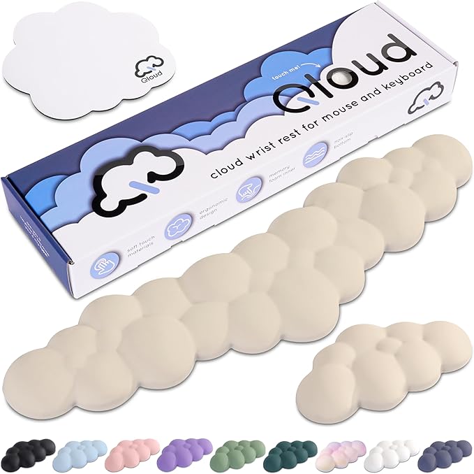 Qloud Cloud Wrist Rest Keyboard Wrist Rest for Computer Keyboard Pad, Cloud Keyboard Wrist Rest, Wrist Pad for Keyboard, Memory Foam, Non Slip Base, Comes with Mouse Pad - Beige