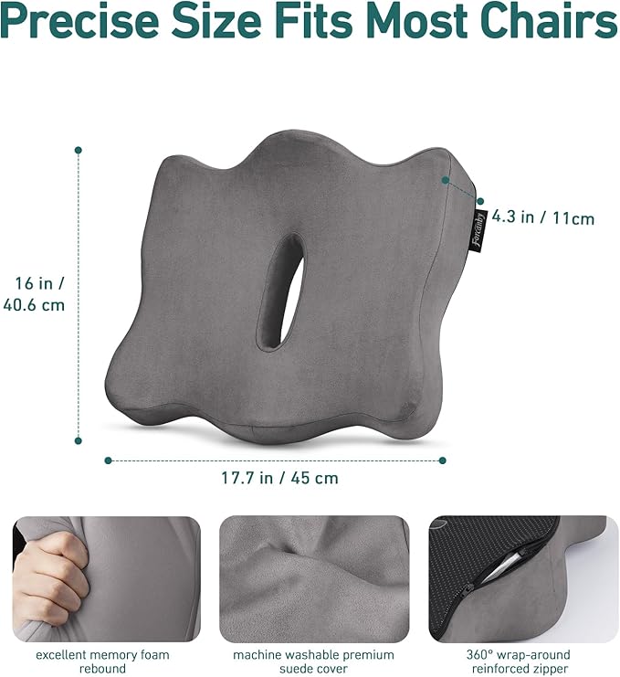 Seat Cushions for Long Sitting Office Chairs - Pressure Relief Seat Cushion, Sciatica & Back Support, Memory Foam Office Chair Cushion with a Storage Bag (Light Grey)