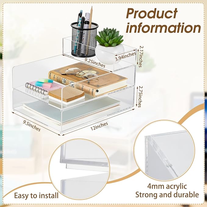Yulejo Stackable Acrylic Paper Tray Clear Acrylic Desk Organizer Letter Size Paper File Tray for Office Document Workspace Desktop (5 Tier)