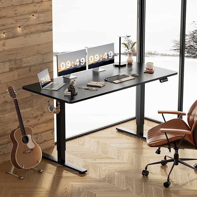 Furmax Electric Height Adjustable Standing Desk Large 63 x 24 Inches Sit Stand up Desk Home Office Computer Desk Memory Preset with T-Shaped Metal Bracket, Black