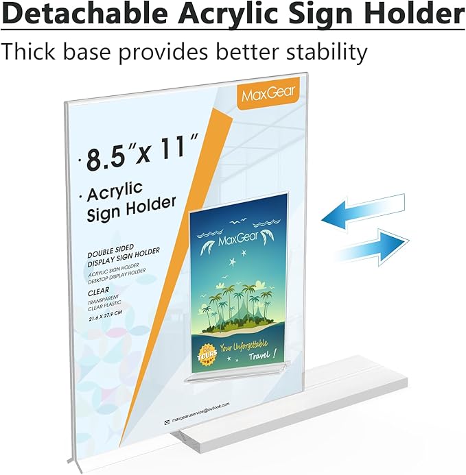 MaxGear Acrylic Sign Holder 8.5x11 Inches 2 Pack, Double Sided Clear Display Stand Table Top Sign Paper Holder, Vertical Menu Flyer Holder, Plastic Sign Frame for Stores, Restaurants, Hotels, Office