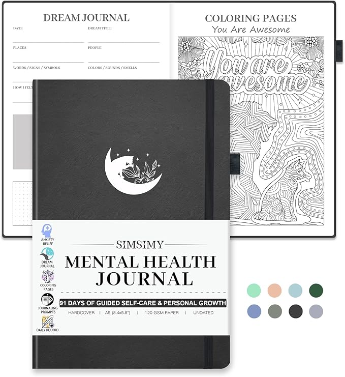 Mental Health Journal, 91-Day Self Care Journal for Women Men, Guided Anxiety & Stress Relief Journal with Mood Tracker, Cognitive Behavioral Therapy Journaling with Mental Health Coloring Pages & Dream Log