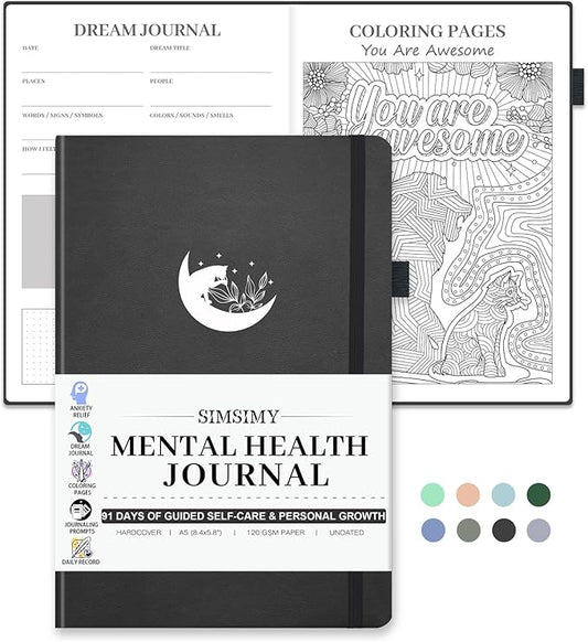 Mental Health Journal, 91-Day Self Care Journal for Women Men, Guided Anxiety & Stress Relief Journal with Mood Tracker, Cognitive Behavioral Therapy Journaling with Mental Health Coloring Pages & Dream Log