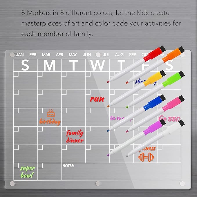 Acrylic Magnetic Dry Erase Board Calendar for Fridge, Clear Monthly and Weekly Planner Whiteboard for Refrigerator, w/ 8 Colors Markers, 15"x11"