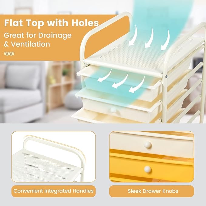 Storage Cart, Rolling Utility Cart with 10 Drawers, Portable Handles & Lockable Wheels, Mobile Paper Toys Storage Organizer Large Capacity for Home Office School Teacher (Yellow)