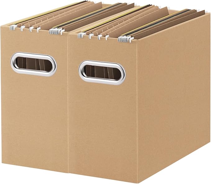 Oterri File Organizer, Small Storage Box, Cardboard File Folder Organizer, Collapsible File Box, Hanging File Organizer for Letter Size, Portable File Box with Handle, Only Box (Brown,2 Packs)