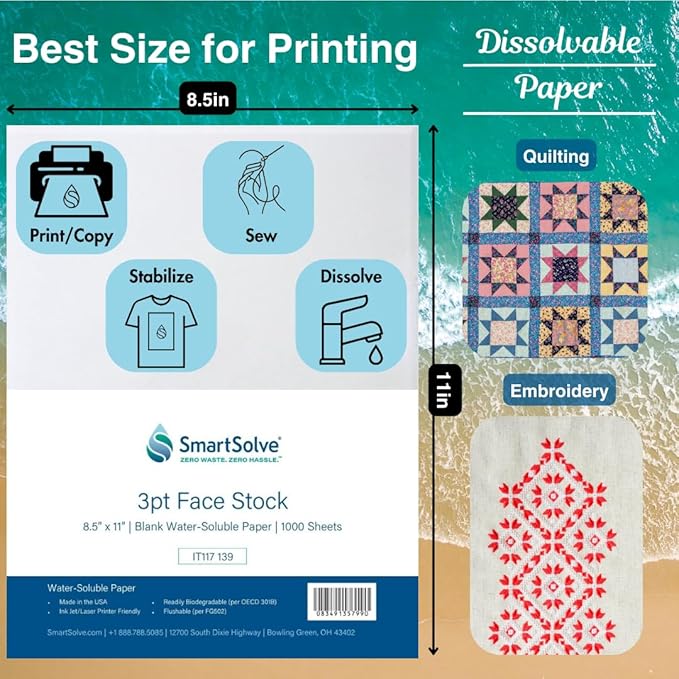 3 pt. Water-Soluble Paper | Dissolves Quickly in Water | Biodegradable | Eco-Friendly | Printer Compatible | Crafts, Drawing, Notes | Letter Size, 8.5” x 11” | Pack of 1,000 White Sheets
