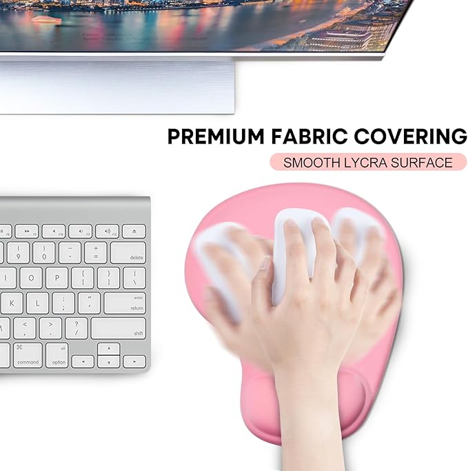JIKIOU Mouse Pad, 2 Pack Ergonomic Mouse Pads with Comfortable Gel Wrist Rest Support and Lycra Cloth, Non-Slip PU Base for Easy Typing Pain Relief Durable and Easy to Clean Small Pink