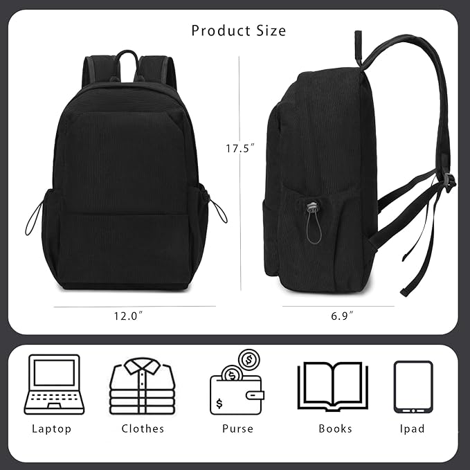 YGR Laptop Backpack for Women and Men, Waterproof Lightweight Travel Daily Rucksack Casual 15.6 inches Computer Bags for College, Black Corduroy