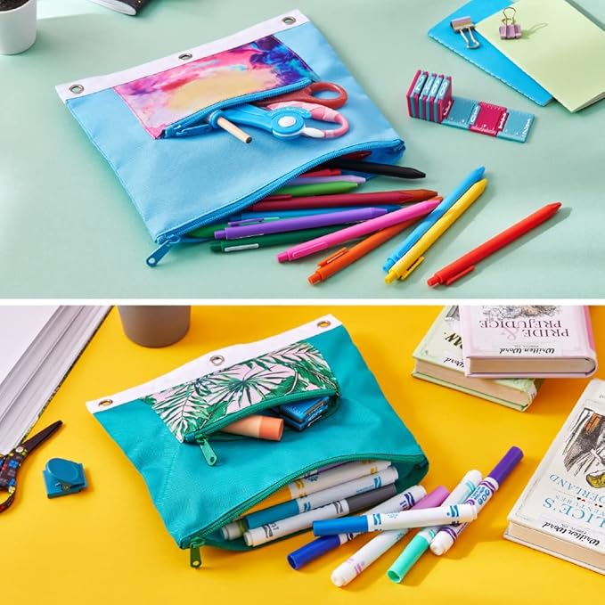 It's Academic Pencil Pouch for 3-Ring Binder, 2-Pockets with Zipper, for School Supplies, Large & Mini Pouch, Palm Tree & Watercolor Design, 2-Pack