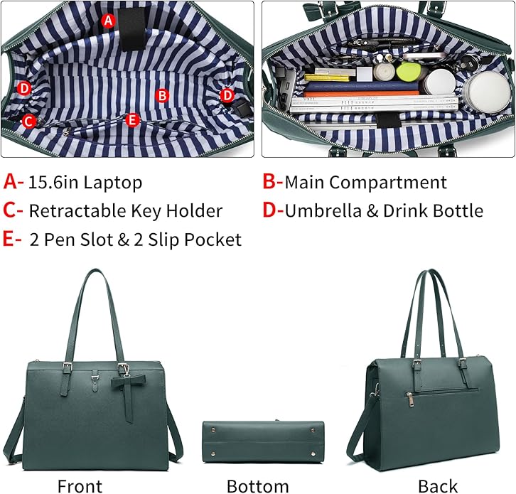 Keyli 4pc Sets Laptop Bag for Women Large Leather Laptop Briefcase with USB Charging Port Computer Shoulder tote Bags Purse