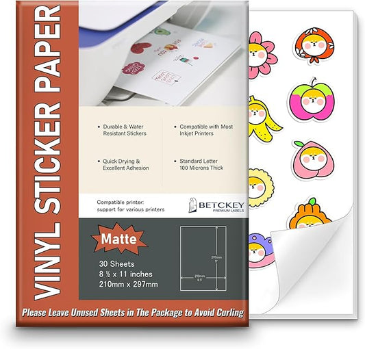 Matte Printable Vinyl Sticker Paper for Inkjet & Laser Printer - 30 Sheets - 8.5" x 11" - Waterproof, Dries Quickly Vivid Colors
