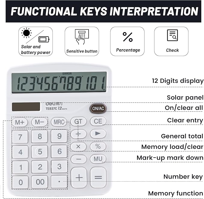 Golcellia Calculators Desktop, White Calculator, Cute Calculator 12 Digit Desk Calculator Large Display, Dual Power Solar Battery, Office Home School Supplies for Adults & Students
