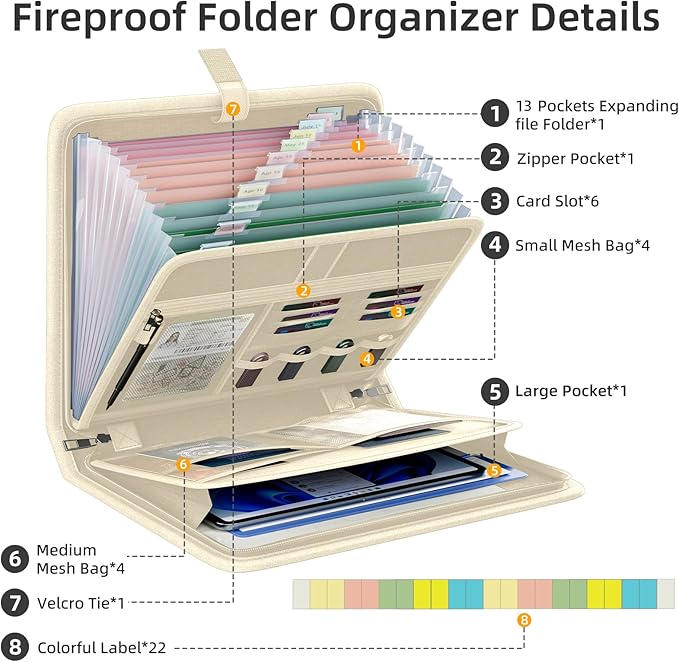 Fireproof Accordion File Organizer, Portable Expanding File Folder with Waterproof Zipper&Labels, Khaki Document Organizer with 13 Pockets, File Organizer for Important Document/Paper Storage