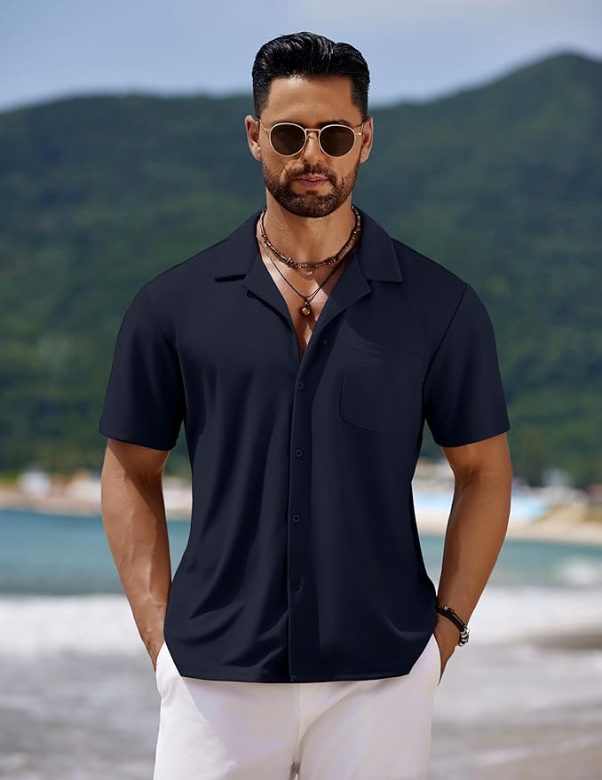 COOFANDY Men's Casual Cuban Guayabera Shirt Short Sleeve Button Down Shirts Summer Beach Shirts Vocation Vintage Shirts