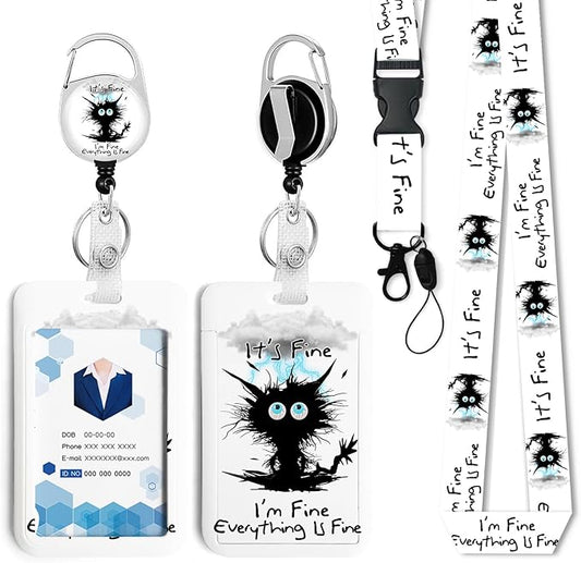 Black Cat Badge Holder with Retractable Reel and Breakaway Lanyard，Badge Clips Retractable Heavy Duty Badge Reel，Keychain，ID Holder with Breakaway Lanyard for School Nurse Office Teen 02
