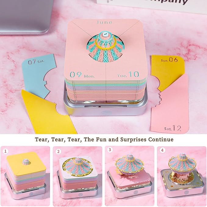 Time Piece Calendar,3D Art Calendar Memo Pad 2025 Creative Desk Calendar with Light,Carousel Rip Away Paper Carving 3D Memo Pad Art Notepad Christmas Gift