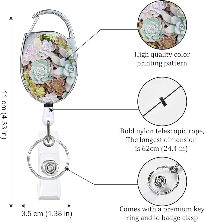 Badge Reels Retractable，Double Sided Color Print Pattern Retractable Badge Holders，with Retractable Keychain, Badge Clip and Key Ring，Durable Nylon Retractable Rope，Succulents