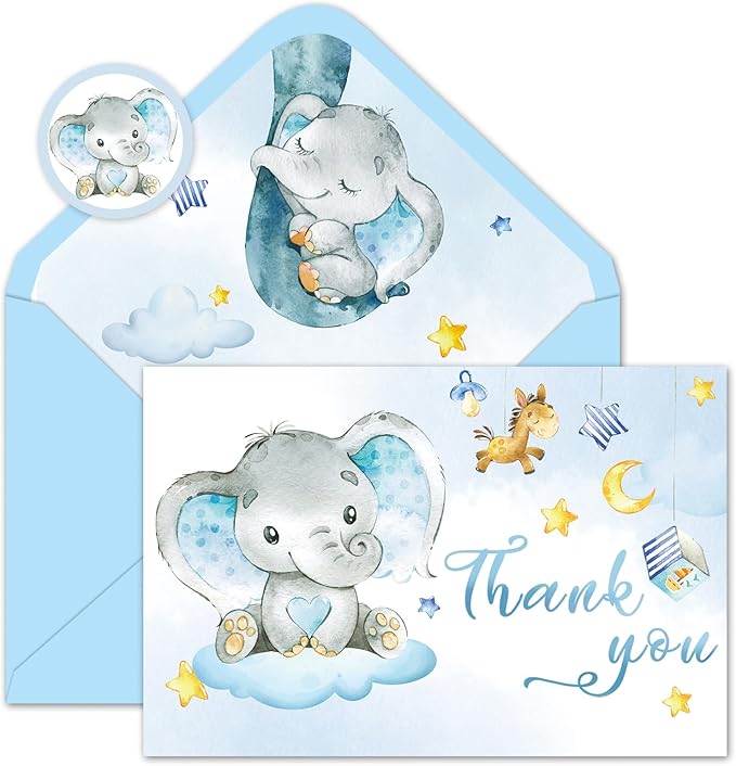 Whaline 24 Packs Elephant Thank You Cards Blue Baby Elephant Greeting Cards Cute Cartoon Blank Note Cards with Envelopes and Stickers for Baby Shower Birthday Holiday Party Supplies, 4 x 6 Inch