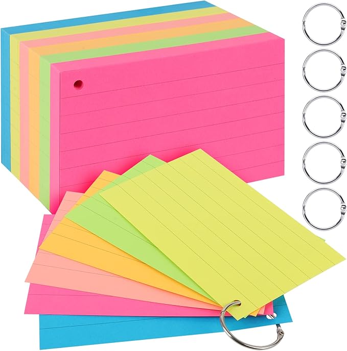 Index Cards 3x5 Inches, 300 Pcs Assorted Neon Color Ruled Index Cards with Ring,Heavy Note Cards, Lined Colored Index Flashcards,Study Cards,Memo Scratch Pad for Home Office School