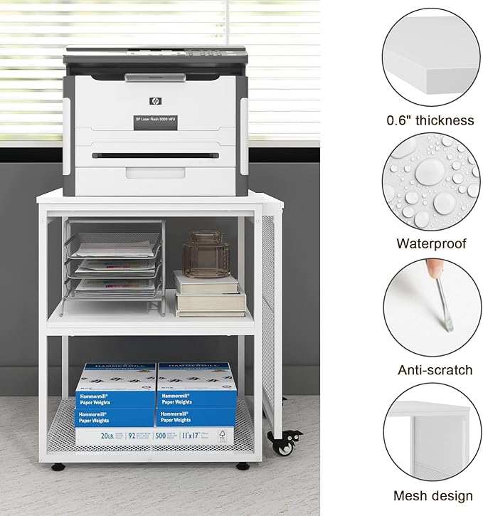 Natwind Large Printer Stand with Storage Shelves,Extendable Home Craft Table,Home Office Organization Desk, Versatile Table for Home Office, Kitchen, Study Room, Living Room (White)