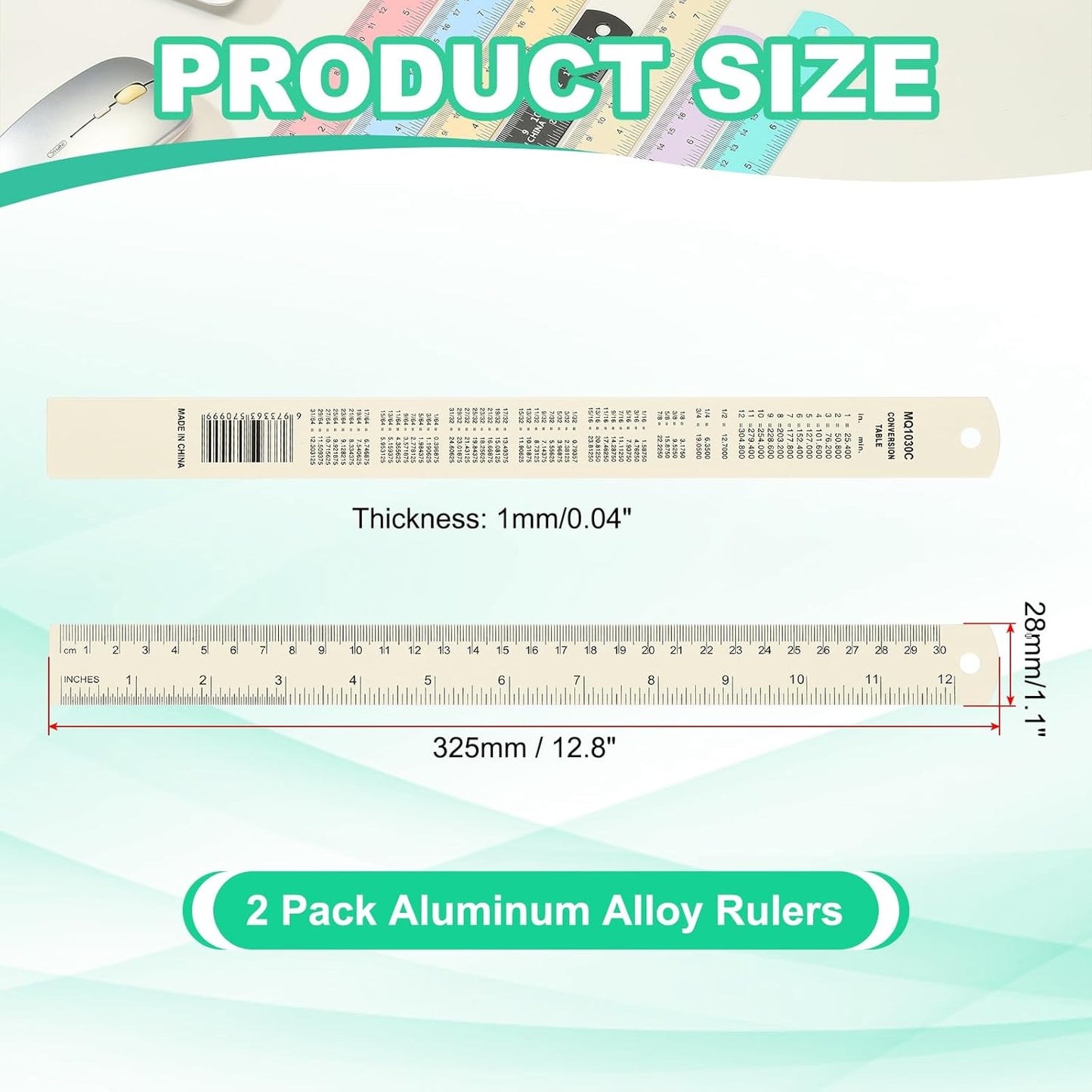 PATIKIL 30cm/12 Metal Ruler, 2 Pack Aluminum Alloy Rulers with Centimeters, Millimeters, Inches and Conversion Table Straight Edge Ruler for Writing Machinist Drafting, Beige