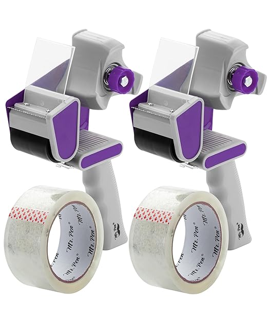 Mr. Pen- Packing Tape Dispenser Gun 2-Inch, 2 Pack with 2 Rolls Tape, Purple Heavy Duty Packing Tape with Dispenser, Packaging Tape, Clear Packing Tape, Tape Gun for Packing Boxes, Moving Tape
