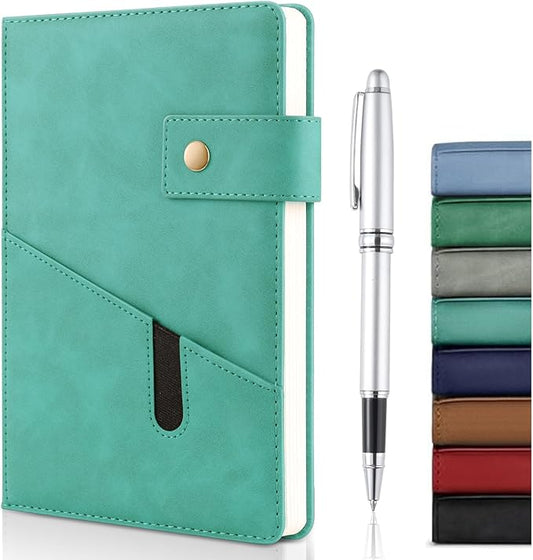 A5 Leather Journal Notebook with Pen, 200 Pages Hardcover Journal with Pocket, 100gsm Thick Lined Paper Daily Diary for Men and Women, Great Gift for Business School Travel Personal - Light Blue