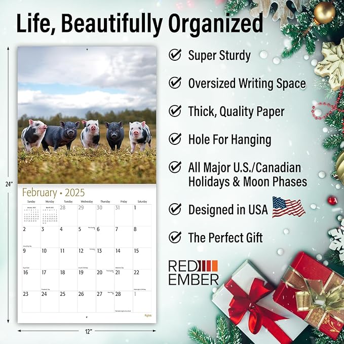 RED EMBER Piglets 2025 Wall Calendar 12 Month | 12" x 24" Open | Thick & Sturdy Paper | Giftable | Calendar 2025