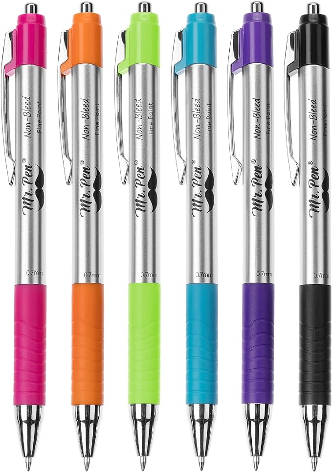 Mr. Pen No Bleed Pens, Bible Pens, Fine Tip, Assorted Color, Pack of 6