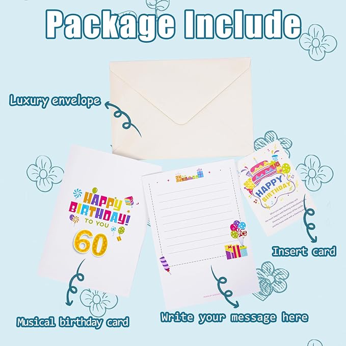 Gumry 60TH Musical Birthday PopUp Card, Blowable Colorful Light Candle 3D Cards with Song, Applause Cheers Sound, Greeting Cards Birthday Gifts Decorations for Women Men Turning 60 Years Old