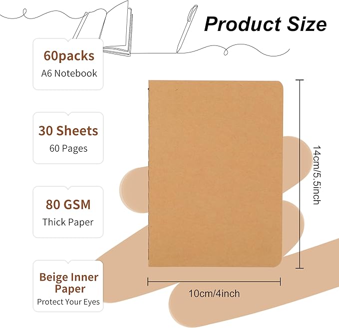 60 Packs Kraft Small Blank Notebooks, Unlined Mini A6 Journals Bulk, Blank Notepads for Kids Students School Office, Traveler Sketching, Drawing, Writing Supplies, 5.5" x 4", 30 Sheets/60 Pages