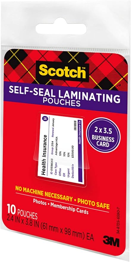 Scotch Self-Sealing Laminating Pouches, 25 Pack, Business Card Size, Great for Gift Tags