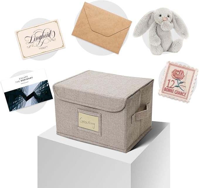 Vienrose Greeting Card Organizer Storage Box with 20 Removable Dividers, 84 Self-stick Labels, Perfect for Photos, Envelopes, Scrapbooking, Paper, Stickers Holder 1 Pack Beige