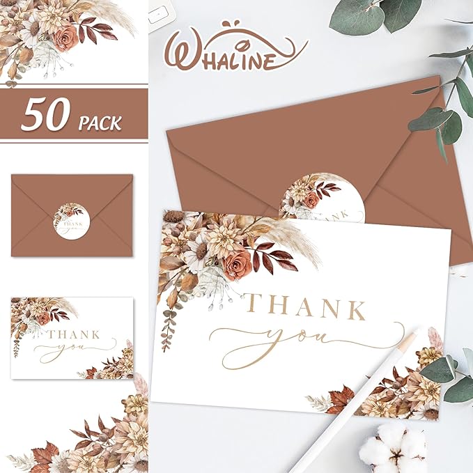 Whaline 50 Pack Boho Floral Thank You Cards Boxed Retro Flower Note Cards with Envelopes Stickers Fall Blank Cards for Thanksgiving Bridal Shower Baby Shower Wedding Supplies, 4 x 6 Inch